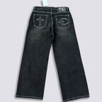 Thug Club Abstract Line Embroidery Black Wide Leg Jeans, Y2K Gothic Baggy Denim Pants
