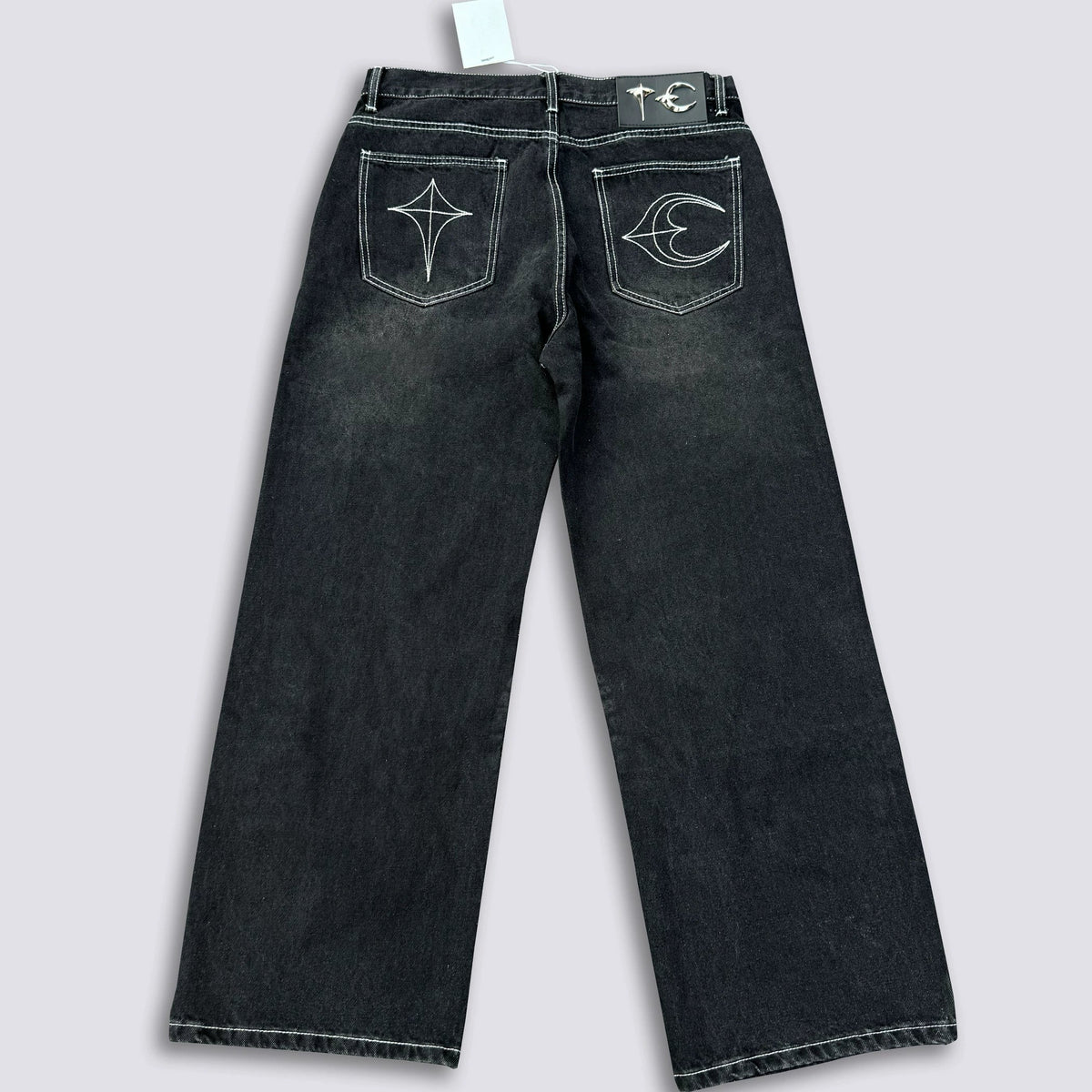 Thug Club Abstract Line Embroidery Black Wide Leg Jeans, Y2K Gothic Baggy Denim Pants