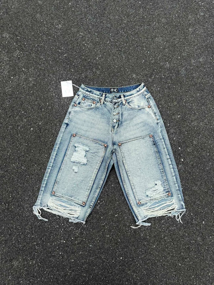 Thug Club Light Wash Distressed Denim Jorts, Y2K Baggy Multi Pocket Shorts