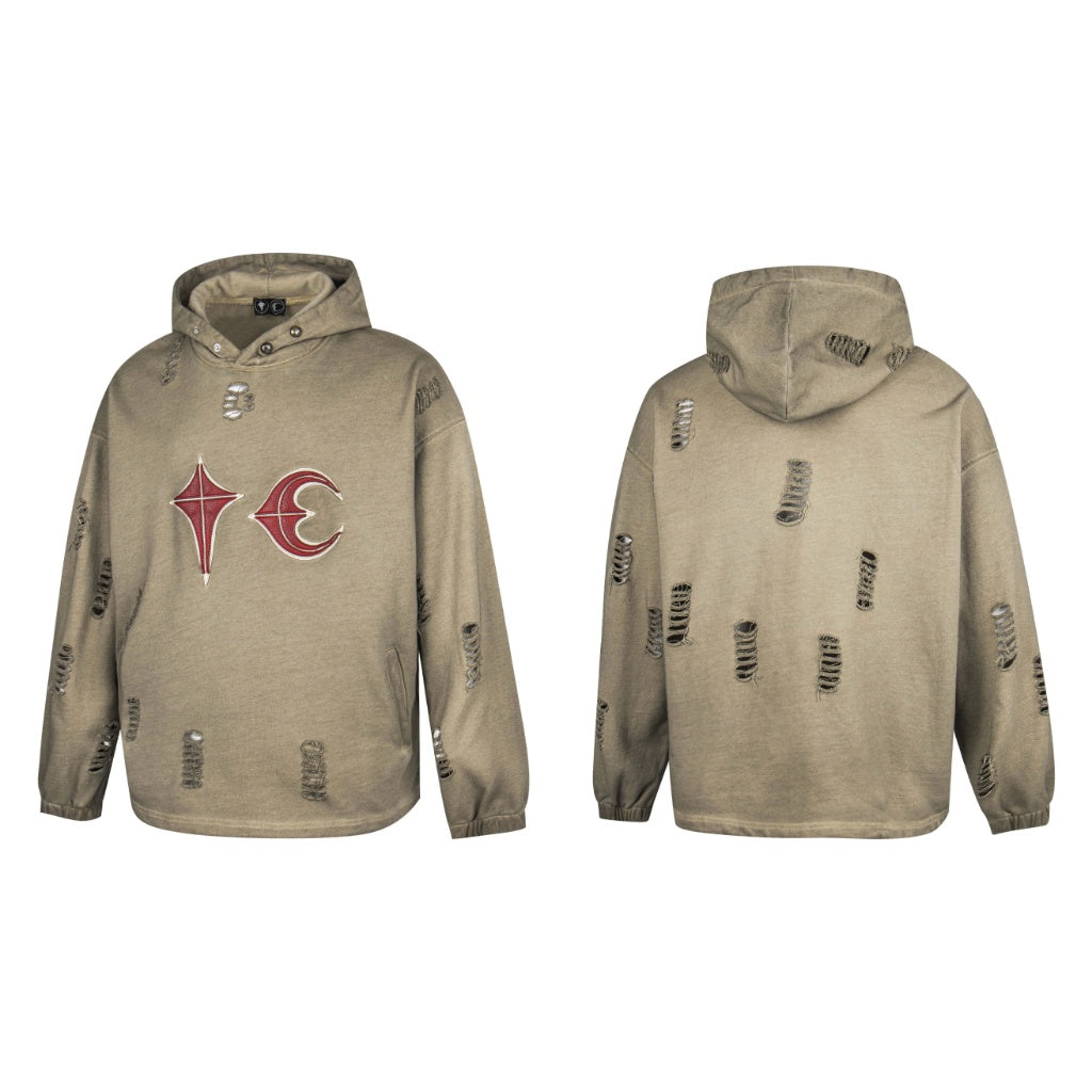 Thug Club Khaki Vintage Washed Distressed Star Moon Embroidery Oversized Hoodie, Unisex