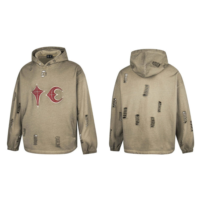Thug Club Khaki Vintage Washed Distressed Star Moon Embroidery Oversized Hoodie, Unisex Hover Image