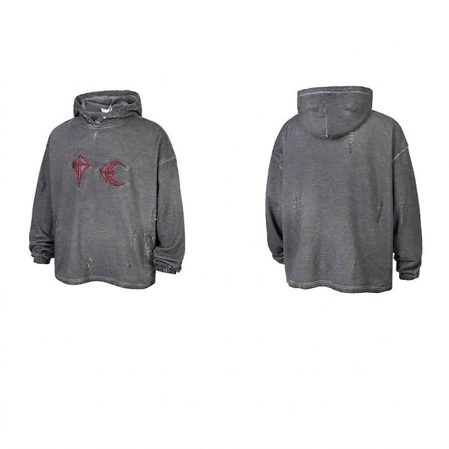 Thug Club Vintage Grey Washed Distressed Star Moon Embroidery Oversized Hoodie, Unisex Hover Image
